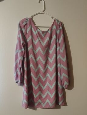 NYMPHE Pink and Light Blue Chevron Long-Sleeve Girls Dress